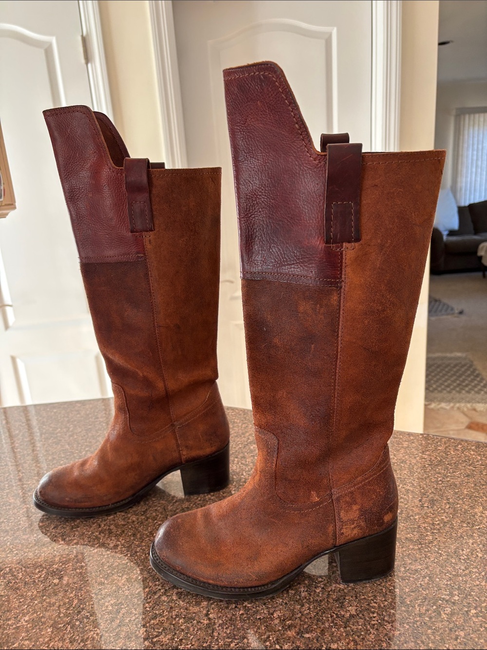 Frye Ladies Autumn Shield Two-Tone Redwood Suede Leather Boots-8 - Picture 3 of 7